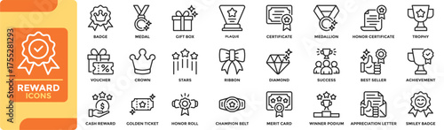 Reward icon collection set. Containing trophy, medals, badge, crown, plaque, diamond, certificate, and gift boxes for achievements and recognition. Line vector icons collection.	
