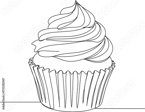 Simple hand drawn sketch of a frosted cupcake in a paper liner on a white background