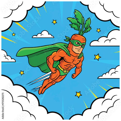 Cartoon superhero carrot soars through the sky stars clouds cape mask