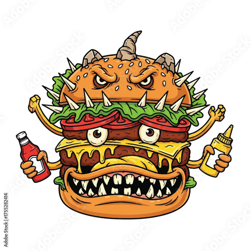 Cartoon burger monster with menacing eyes horns teeth and spikes holding ketchup and mustard bottles