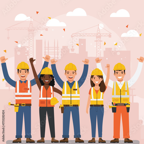 A vibrant and diverse group of construction workers enthusiastically cheers, celebrating project milestones and collaborative success in an urban setting.