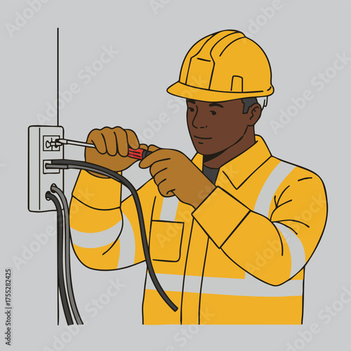 A focused African American electrician, clad in a hard hat and protective gloves, meticulously installs electrical wiring into a wall outlet using a screwdriver.