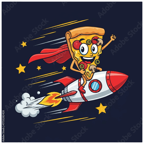 A slice of pizza with a red cape rides a rocket amidst yellow stars and streaks