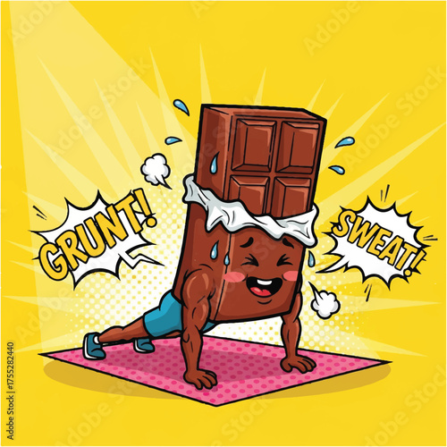 Cartoon of sweating chocolate bar doing pushups on pink mat with Grunt and Sweat word bubbles