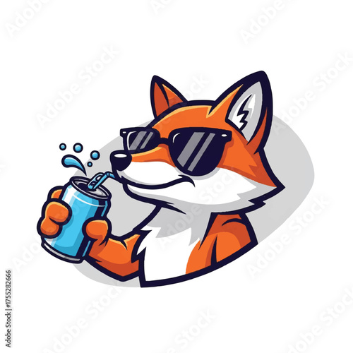 Cartoon fox with sunglasses drinking from a soda can with a straw