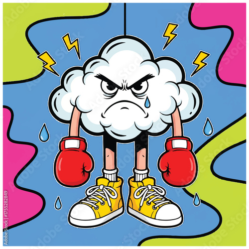 Cartoon cloud with boxing gloves yellow sneakers a teardrop and lightning bolts against a colorful abstract background