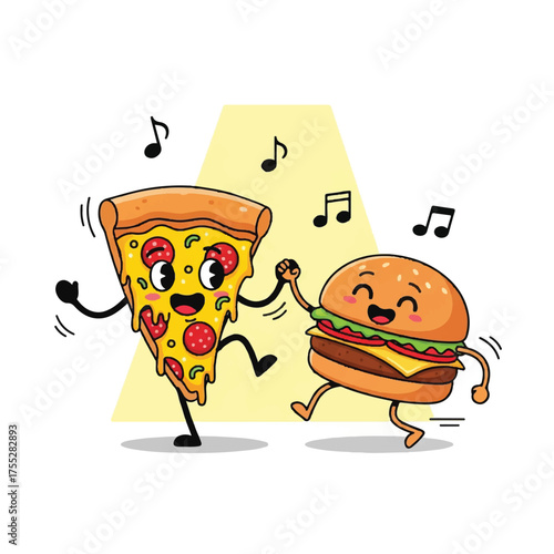 Cartoon pizza slice and burger dance under a spotlight surrounded by music notes
