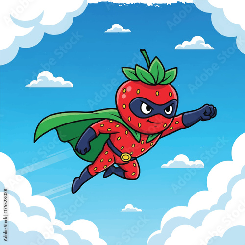 A cartoon strawberry superhero flies amidst fluffy clouds in a clear blue sky