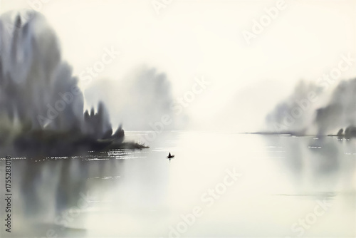 Watercolor landscape of a misty river at dawn. A lone boat glides across calm water, surrounded by soft tree silhouettes. Minimal, tranquil, atmospheric scene
