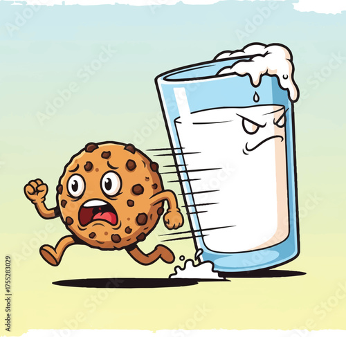 Cartoon of a cookie fleeing from an angry glass of milk with speed lines behind them