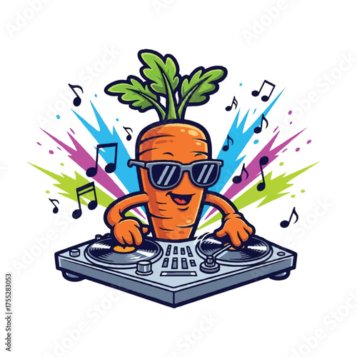 Carrot DJ Carrot with sunglasses at turntables music notes colorful background spikes