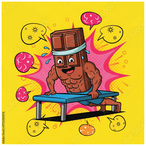 Muscular cartoon chocolate bar doing pushups on a blue bench against a yellow background with pink accents