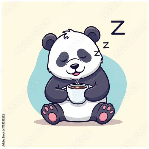 A cartoon panda sits eyes closed holding a steaming mug Zs float above
