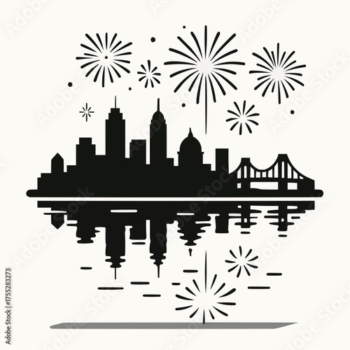 City skyline with fireworks