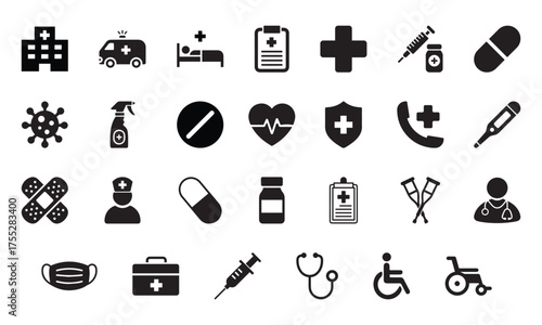 Healthcare glyph icon set. Vector pictograms of medicine, hospital, doctor, nurse, stethoscope, syringe, insurance, emergency, vaccine, pill, general health, black sign silhouette. vector eps file.