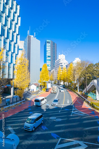 A cityscape of traffic jam at city street with yellow leaves in Harajuku Tokyo