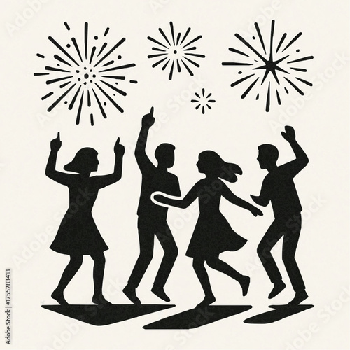 Silhouettes of people dancing under fireworks