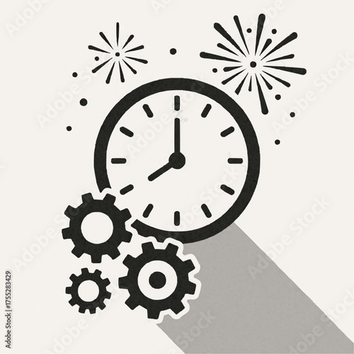 Clock and gears with fireworks