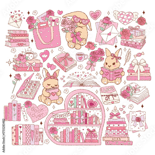 Collection of Valentine Bookish Vector, illustrations of Cute Bunny Reading, Romantic Books, Roses & Cozy Love Aesthetic, Coquette Books Decoration Vector
