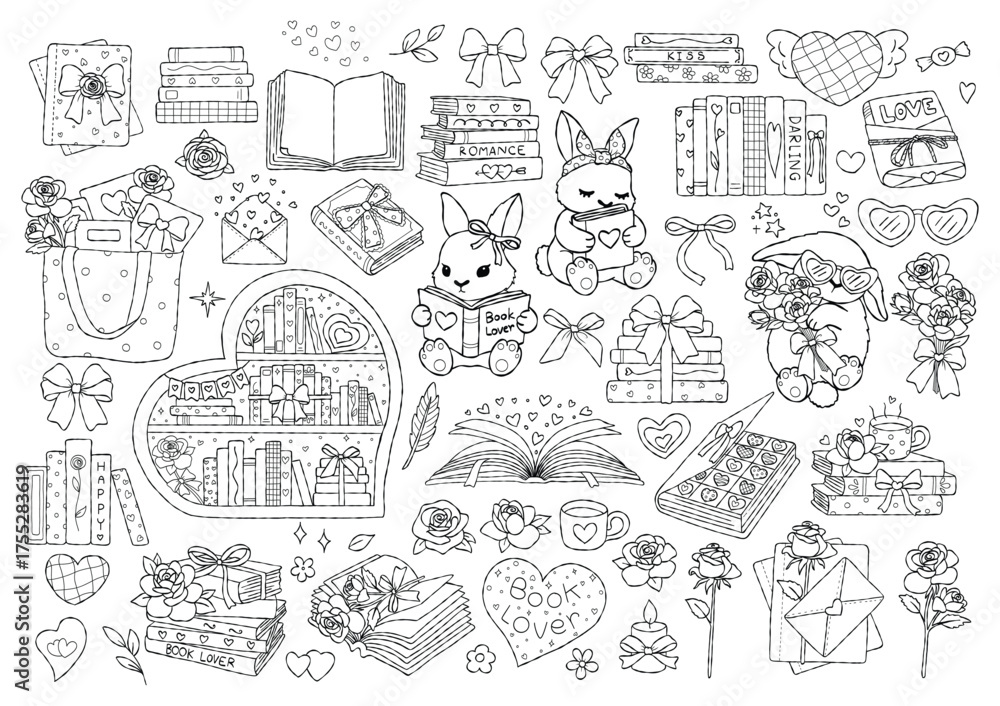 Fototapeta premium Valentine Bookish Collection Outline Vector, Cute Bunny Reading Line Art, Romantic Books & Roses Coquette Books Coloring Page Hand Drawn Design