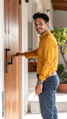 Smiling Man Opening Wooden Door to Home Entrance.