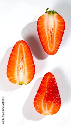 Halved Strawberries on White Background - Fresh and Vibrant Fruit.