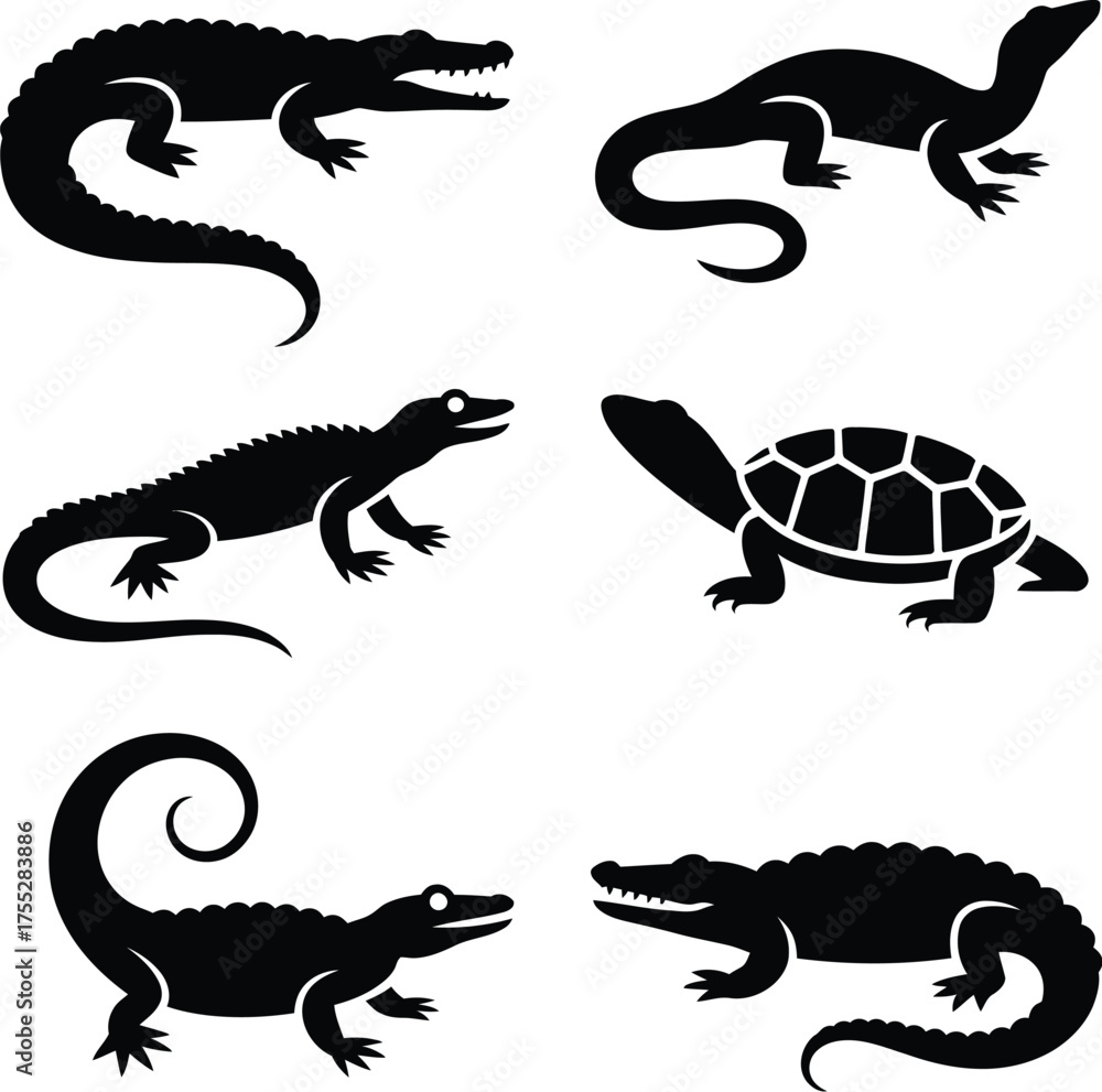 Fototapeta premium Black reptile silhouettes bundle alligator crocodile