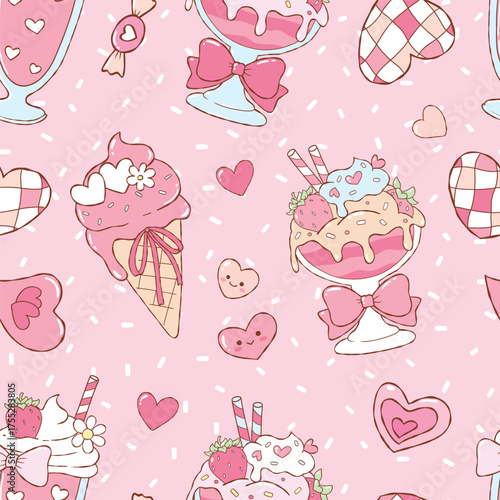 Valentine Ice Cream Seamless Pattern, Kawaii Pink Dessert Digital Paper, Trendy Pastel Valentine Fabric Design Vector