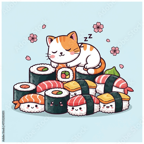 A white and orange cat sleeps atop a pile of sushi Pink flowers float in the background