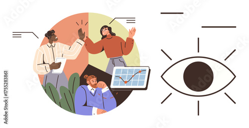 Diverse team high-fiving, analyzing data on tablet, brainstorming, paired with abstract eye symbol. Ideal for teamwork, strategy, data insight, leadership, vision creativity simple flat metaphor