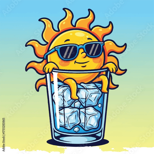 Cartoon sun wearing sunglasses inside a glass of ice cubes
