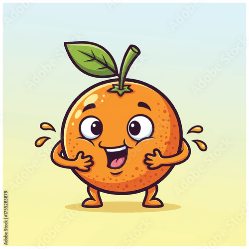 An animated round orange character with a happy expression and playful pose stands against a soft blended background