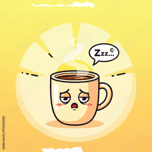 A cartoon coffee cup with a sleepy expression has steam and a Zzz speech bubble on a yellow sunburst background