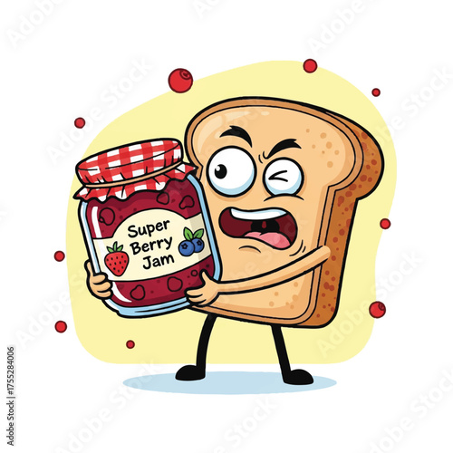 Cartoon toast embraces jam with berries expression conveys displeasure