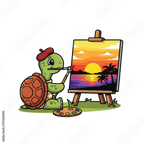 Cartoon turtle artist painting a sunset scene on a canvas with easel palette and paintbrush