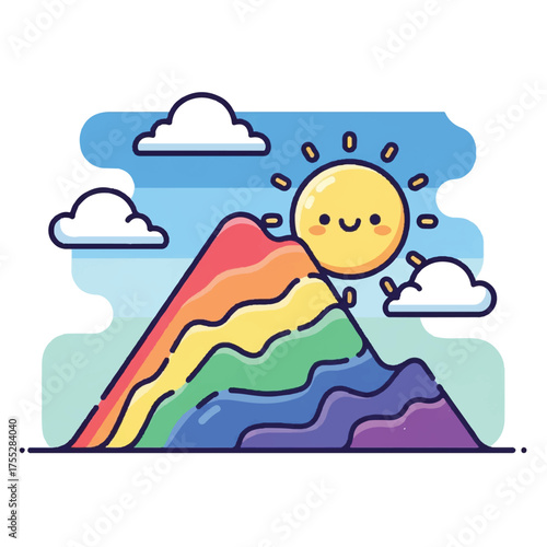Cartoon mountain painted in rainbow colors with smiling sun and clouds in sky