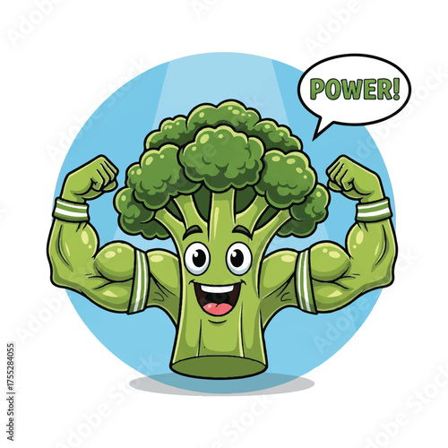 Muscular broccoli character flexing with a speech bubble that says POWER