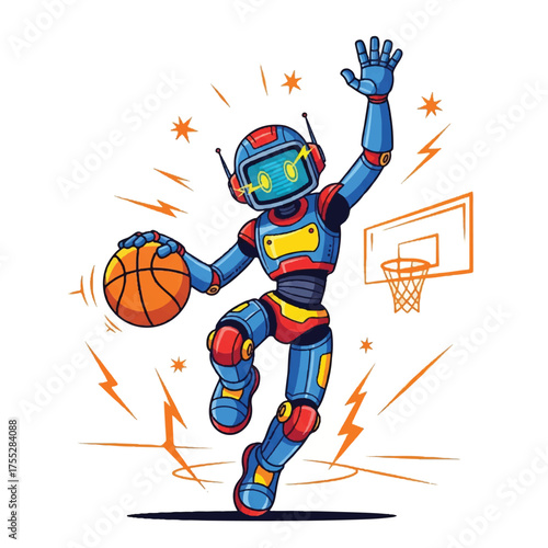 A cartoon robot designed in blue red and yellow jumps with a basketball next to a hoop with stars  lightning bolts