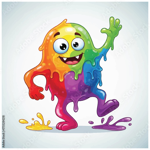 A cartoon blobmonster colored in rainbow hues smiles and waves one hand with puddles in yellow and purple around its feet