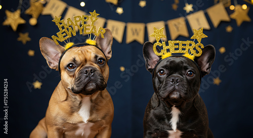 Festive French Bulldogs Celebrate New Year: Two adorable French Bulldogs sport celebratory headbands, ready to welcome the New Year with joy, surrounded by decorations.