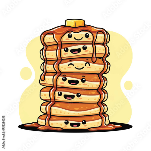 Stack of six cartoon pancakes with smiling faces butter and syrup on a black plate against a yellow backdrop