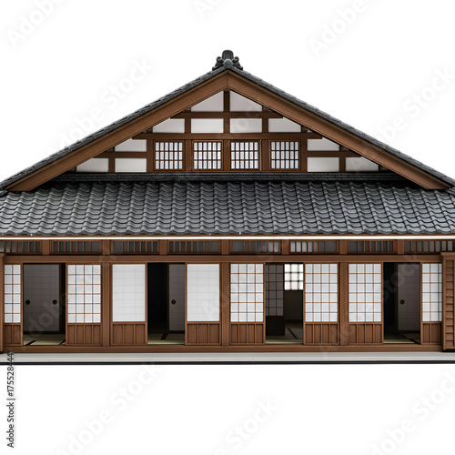 Front View Shows Traditional Japanese House with Sliding Doors and Tiled Roof Design