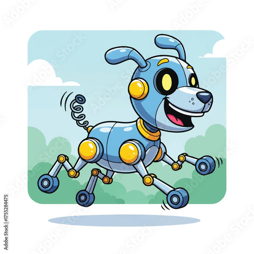 Cartoon of a smiling blue robot dog with a spring tail running across a green landscape under a blue sky