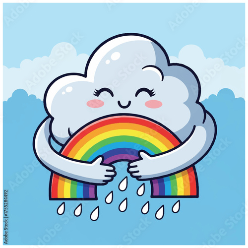 A cloud with a happy face hugs a rainbow with raindrops falling from the rainbows end