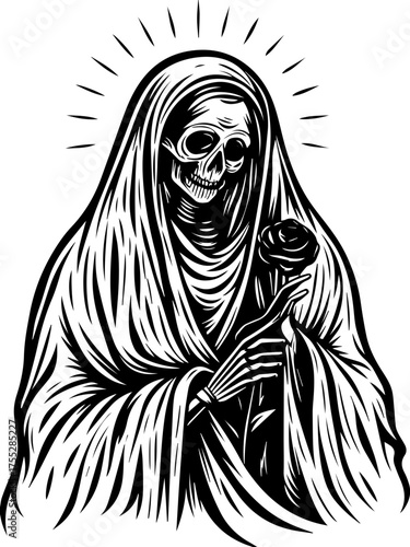 SVG skull and skeleton with roses, embellished Halloween theme, Sketched Skeleton Figure Holding a Rose in a Veiled Robe Design