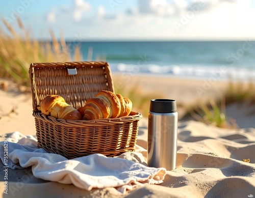 Beach Picnic with Croissants and Coffee by the Sea.