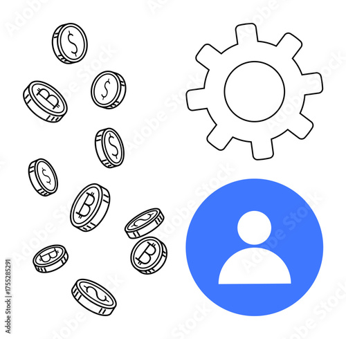 Floating coins with dollar and bitcoin symbols, blue person profile icon, and gear outline evoke themes of money, technology, teamwork, finance, innovation, efficiency and digital platforms. Simple