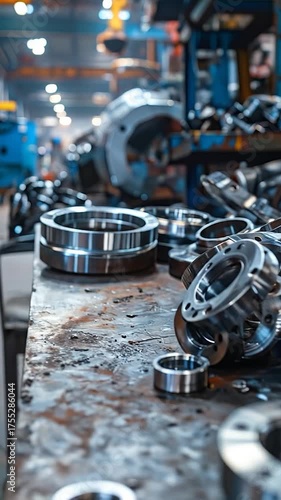 A close-up of shiny metal industrial parts, like bearings and gears, piled on a grimy factory workbench