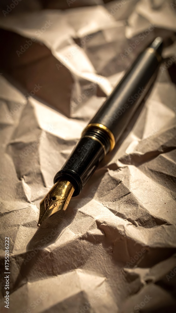 Naklejka premium Classic fountain pen with a gold nib on crumpled paper.