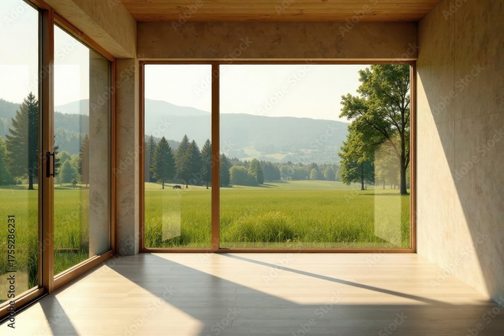 Obraz premium Serene Room with Expansive Views of Rolling Green Fields and Distant Mountains Through Floor-to-Ceiling Windows